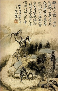 Shitao Weiler im Herbstnebel 1690 alte China Tinte Ölgemälde